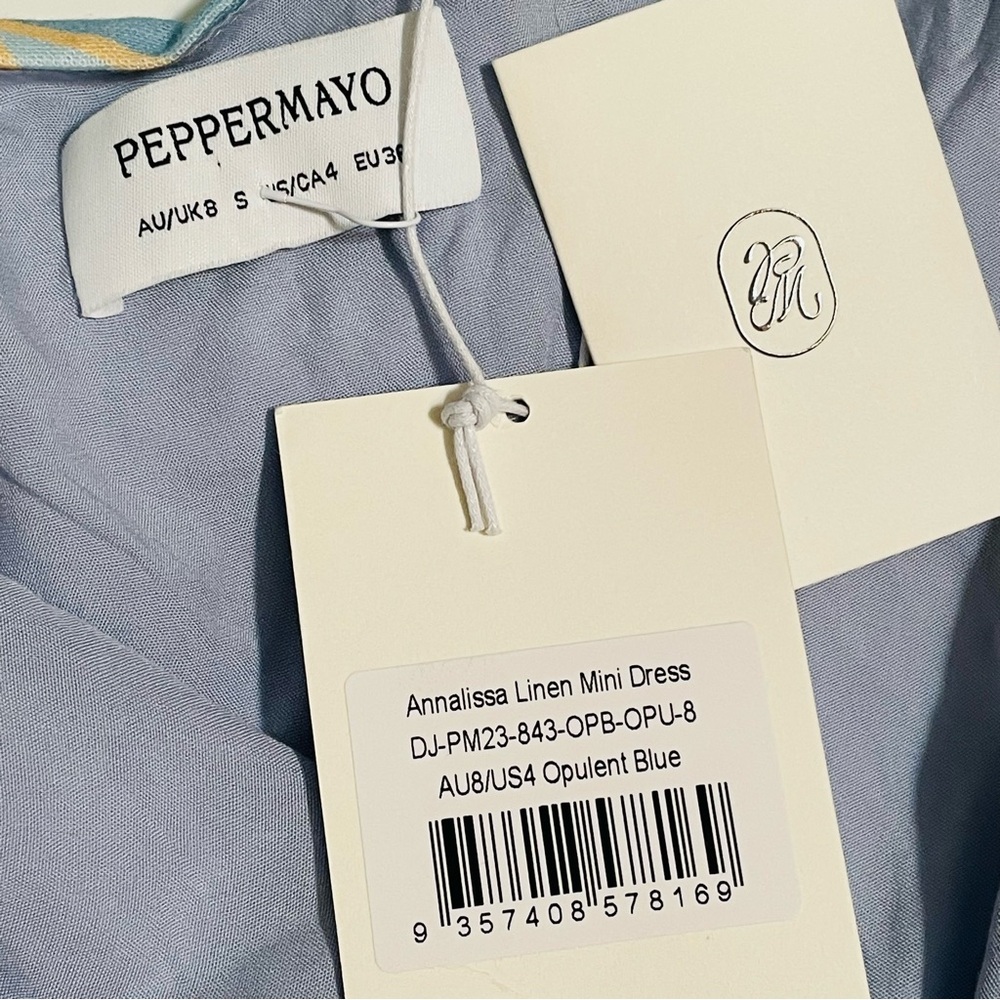 Peppermayo Annalissa Linen Mini Dress in Opulent Blue Side Ruching Size 4 NWT - Picture 4 of 13